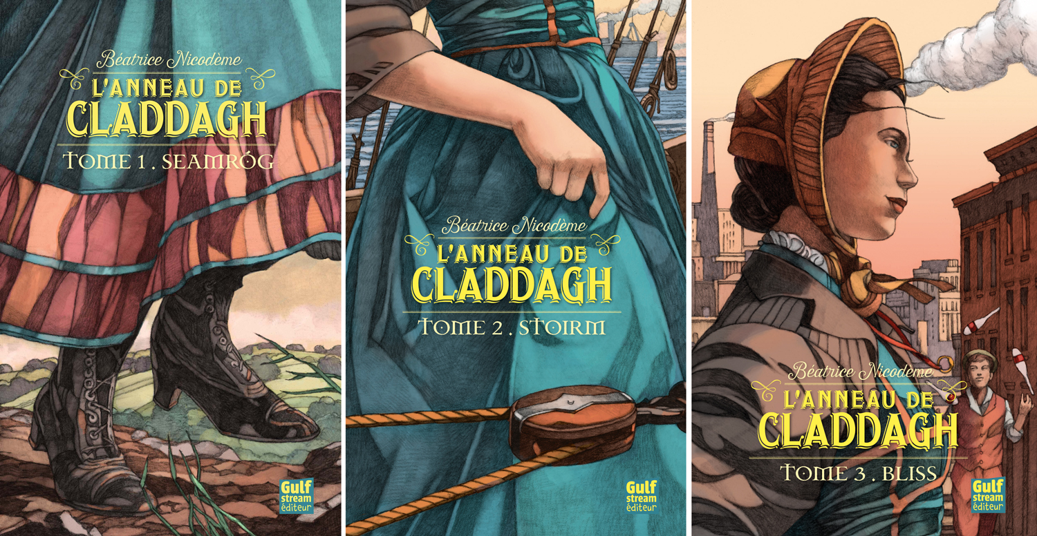 Beatrice Nicodeme autrice couverture des trois tomes L anneau de Claddagh